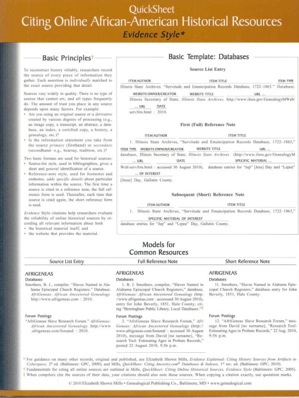QuickSheet, Citing Online African-American Historical Resources